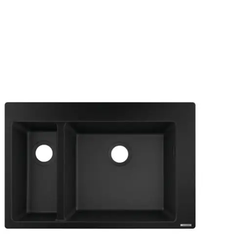 Einbauspüle in Graphitschwarz von Hansgrohe, mit zwei Becken und runden Abflusslöchern, rechteckiger Form und klaren Kanten.